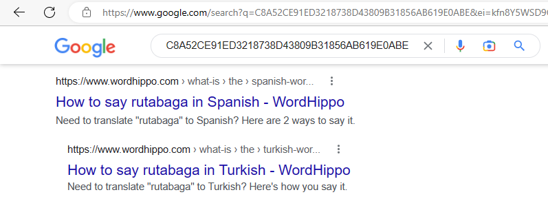 Google search for a hash result, returning "rutabaga" as the obvious source of the hash.